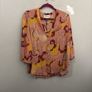 Alex & Parker  Floral Button Down Collared Gauze Crape  Shirt Women Large